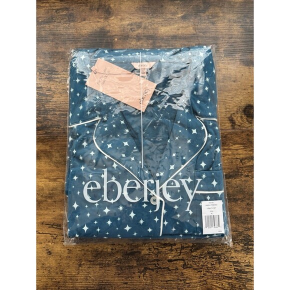 Eberjey Gisele Printed Modal Long PJ Set Festive Lights Sapphire/Ivory XL - Picture 2 of 3
